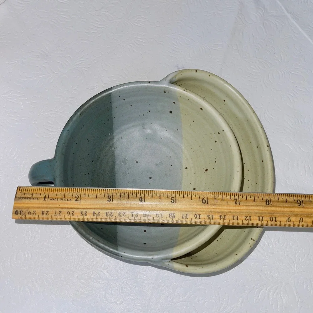 Studio Pottery Soup & Crackers Bowl Integrated Saucer Tray Speckled Blue Green